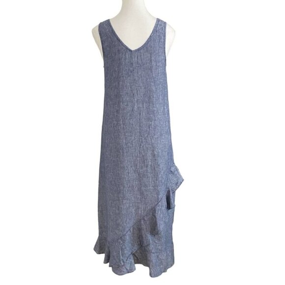 LORD & TAYLOR 100% LINEN BLUE CHAMBRAY SLEEVELESS V-NECK MAXI DRESS - XS - Picture 3 of 8